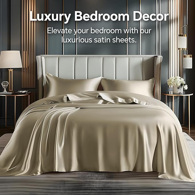 BEDELITE California King Sheets Set, Luxury Soft Taupe Satin Sheets for Hair and Skin, Similar to Silk Bed Sheets Set 4 Pieces with 1 Deep Pocket Fitted Sheet, 1 Flat Sheet, and 2 Pillowcases