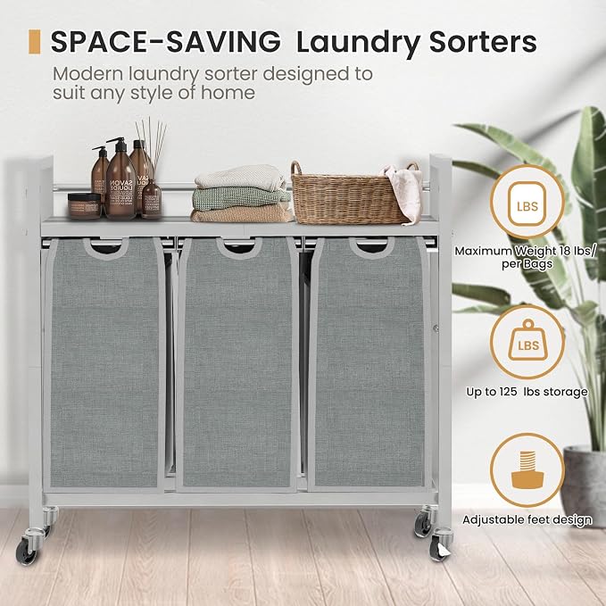 SwaaVee Laundry Hamper, Laundry Basket, Laundry Sorter with 3 Removable Bags, Clothes Basket with 3 Compartments, Wheels, Shelf for Laundry Room Bathroom Bedroom (3 Bags-Gray) - Image 7
