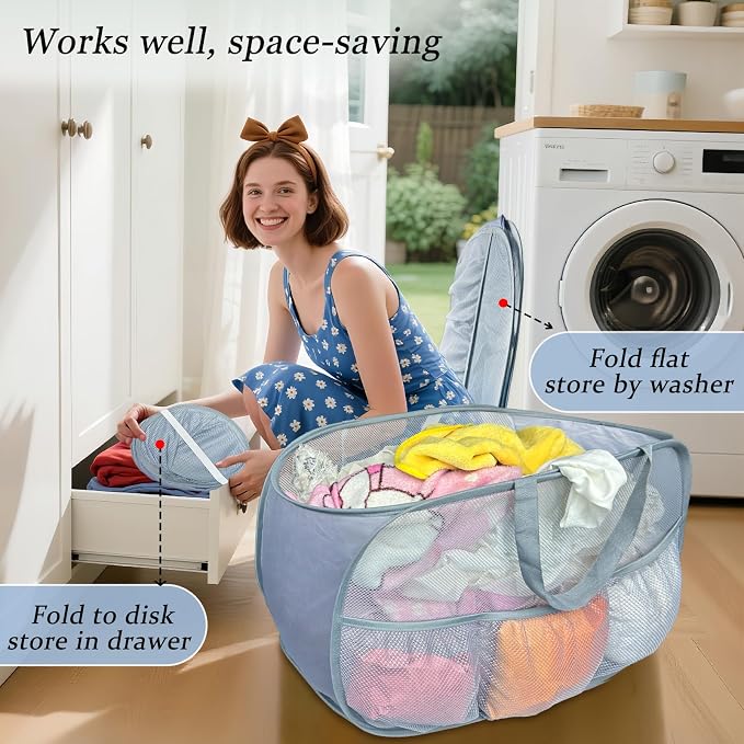 Collapsible Laundry Baskets 2 Pack, Mesh Pop Up Hamper with Handles, Portable Stair Basket, Dorm or Room Folding Bin, Dirty Clothes Hamper Light Breathable. Grey. 2H - Image 4
