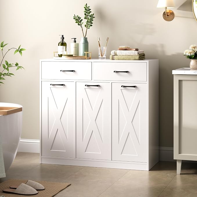 Herture Laundry Hamper Cabinet, Laundry Basket 3 Section with 2 Storage Drawers, Laundry Sorter with Pull-Out Removable Large Bags, 3 x 15.87 Gallons (60L), for Laundry Room Bathroom, White YL01XLW - Image 5