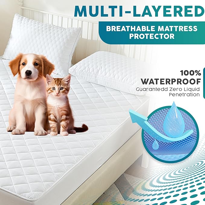 Venneti Waterproof Mattress Protector Queen - Soft, Hypoallergenic, and Breathable Quilted Cotton Bed Cover - Deep Pocket Fitted Design - Quilted Bedding Shield for Comfortable Sleep…