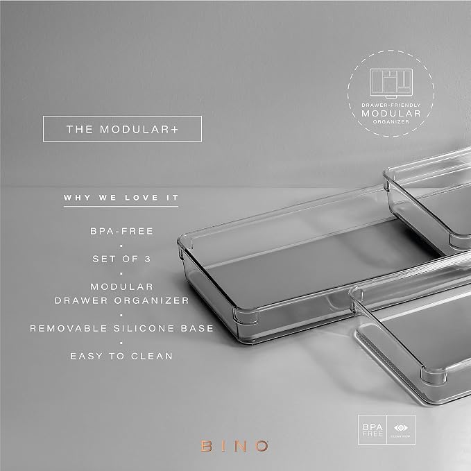 BINO | 3-Piece Drawer Organizer Bin Set - Grey, Large | THE MODULAR+ | Multi-Purpose Storage | Soft-Grip Lining and Non-Slip Rubber Feet | Durable | BPA-Free | Desk Drawer Organizer | Vanity Organizer - Image 2