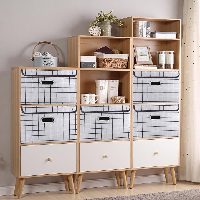 STOREONE Fabric Storage Cube Bins Foldable Organizer Container Collapsible Basket with Lids and Metal Handles, for Home, Bedroom, Closet 3 Pcs (White grid) - Image 4