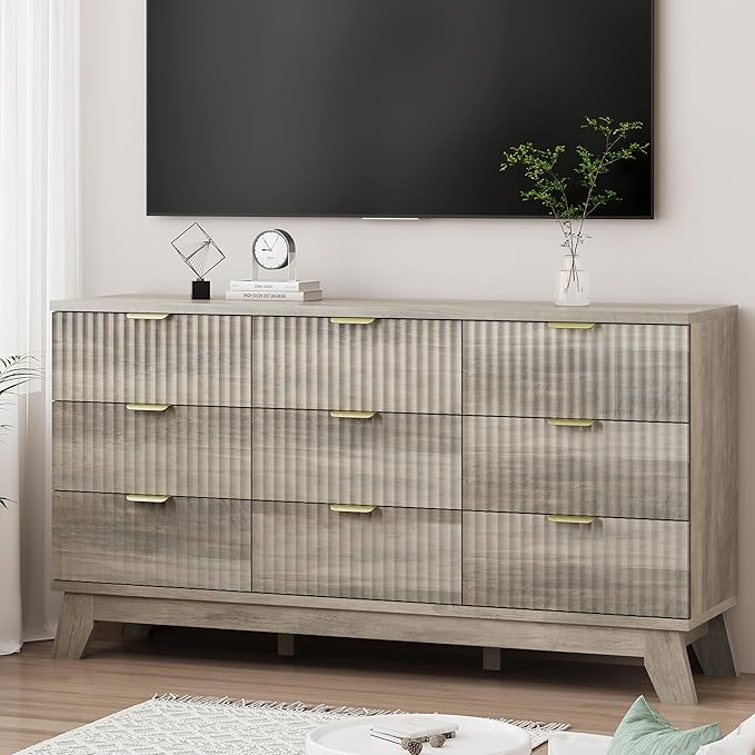 Xixini Fluted Dresser for Bedroom with 9 Drawers, 57" Wide Modern Chest of Drawers with Metal Handle, Wooden Dresser TV Stand, Wood Closet Clothes Storage Organizer for Living Room, Hallway, Grey