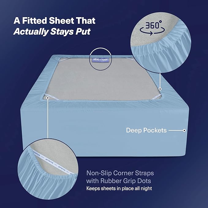 Kickoff Viscose Bamboo Sheets Queen Size 4-pc 100% Organic Bamboo Viscose Bed Cooling Sheets Queen Size Set Cool Bedding for hot Sleepers Sheet, Flat, Fitted, Pillowcases (Light Blue, Q)