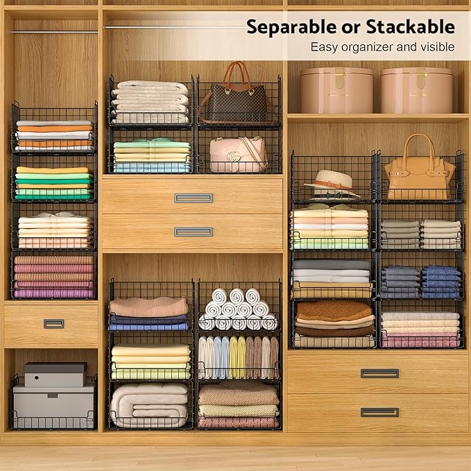 4-Tier Stackable Closet Organizers and Storage Basket - Foldable Closet Shelf Organizer System, Sturdy Metal Space-Saving Clothes Storage Bins for Wardrobe, Black - Image 6