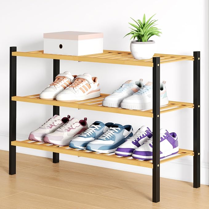 Smiry Bamboo Shoe Rack for Closet, 3 Tier Wooden Stackable Shoe Organizer, Free Standing Shoes Storage Shelf for Entryway, Front Door Entrance, Natural & Black - Image 6