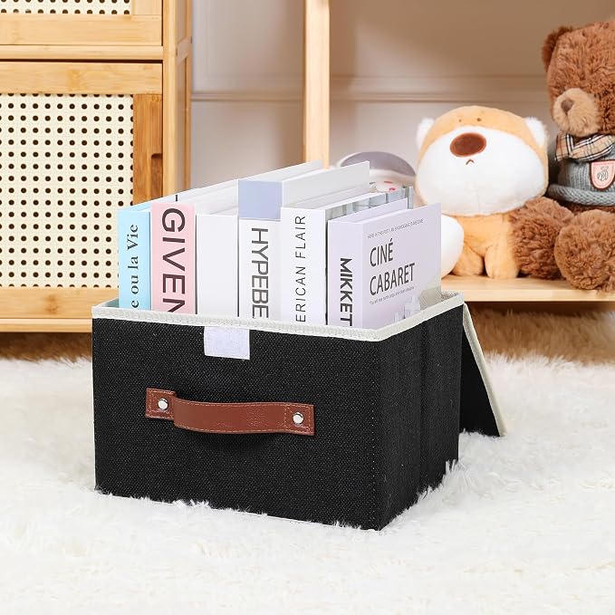 ANMINY Storage Bin with Lid Storage Boxes with PU Leather Handles PP Plastic Board Decorative Foldable Lidded Cotton Linen Fabric Home Cubes Baskets Closet Organizer Container - Black, Small Size - Image 8