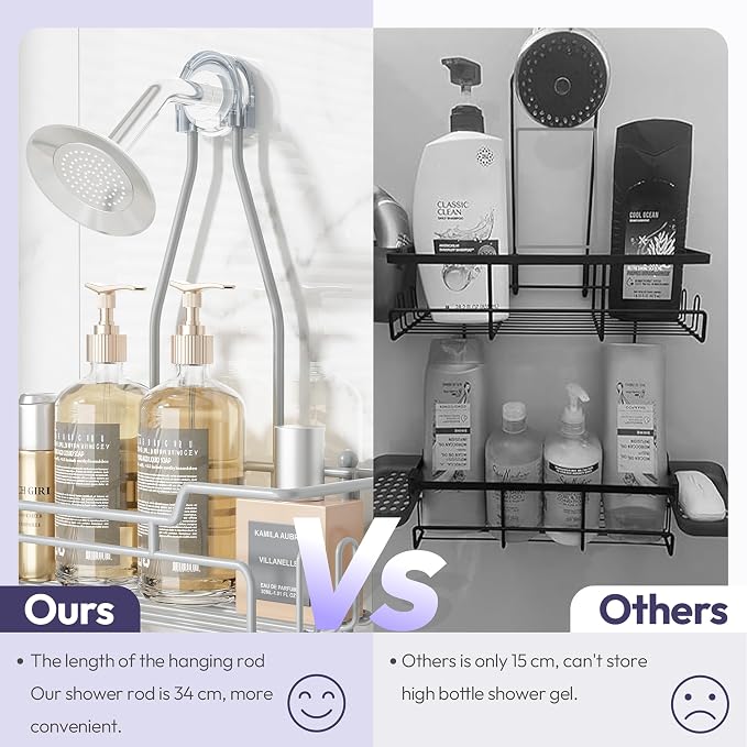 SWTYMIKI Bathroom Shower Caddy Hanging - 3 Tier Rustproof Over Shower Head Organizer, No Drilling Bathroom Shelf with 16 Hooks & Soap Holder, Anti-Swing Rack for Shampoo,Sponge,Towel, Silver, Medium - Image 3