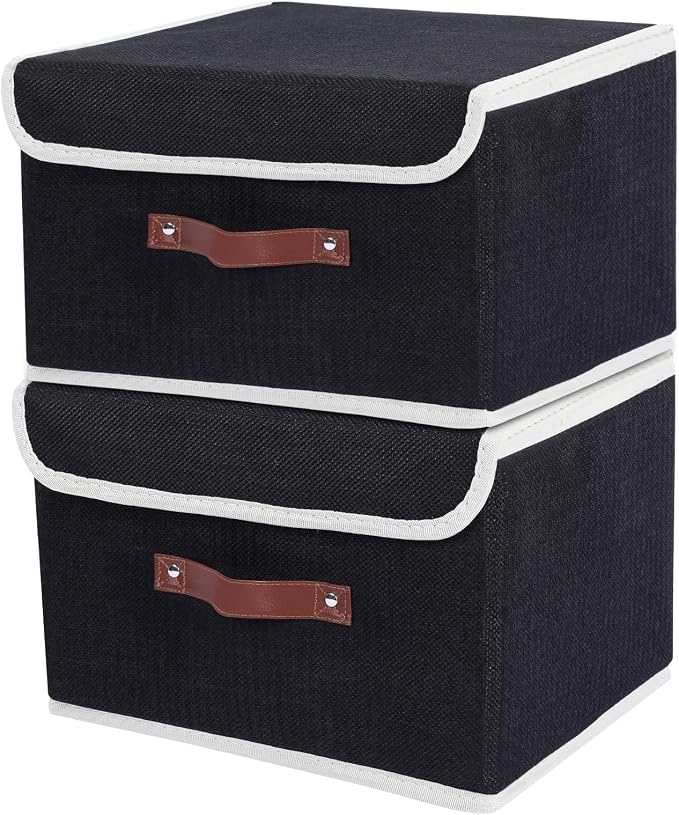 ANMINY 2PCS Storage Bin with Lid Storage Boxes with PU Leather Handles PP Plastic Board Decorative Foldable Lidded Cotton Linen Fabric Home Cubes Baskets Closet Organizer Container - Black, Medium by ANMINY