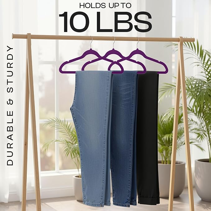 Utopia Home Velvet Hangers 50 Pack – Luxury Non-Slip Slim Pant & Coat Hangers, Strong Space-Saving Clothes Hangers with Pants Bar and 360° Swivel Hook – Purple - Image 7
