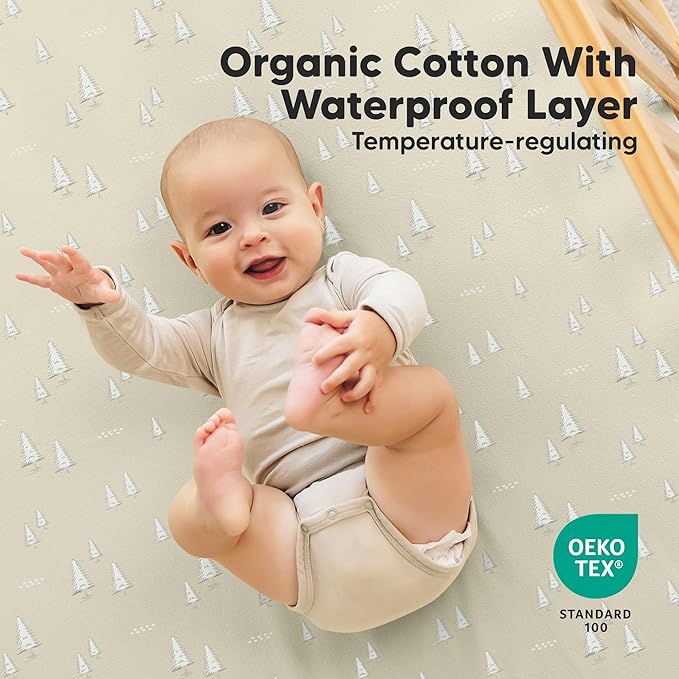 2-Pack Waterproof Crib Sheets for Boys, Girls - 52x28 Fitted Organic Cotton Baby Crib Sheets, Toddler Mattress Protector Cover, Washable, Soft & Durable Baby Bedding Essentials(Pine Grove)