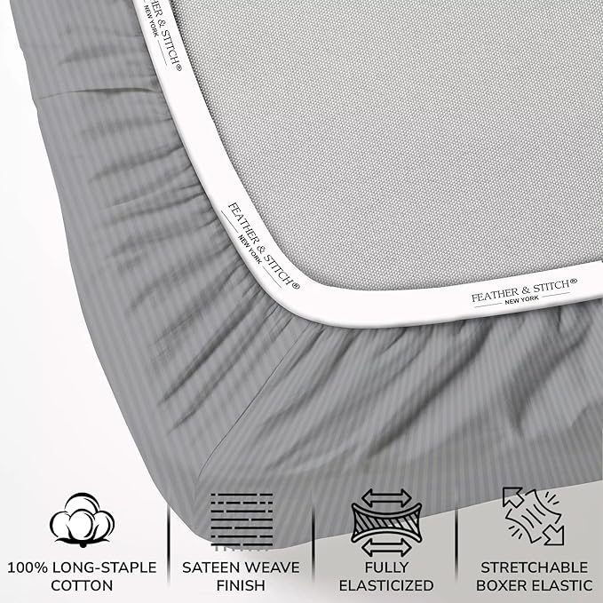 Feather & Stitch 500 TC Full Size Damask Bed Sheet Set, 100% Cotton Soft Breathable Bedsheets, 4 Piece 18" Deep Pockets Sateen Weave Striped Bedding Mattress Resort Hotel Luxury- (Grey Stripe)