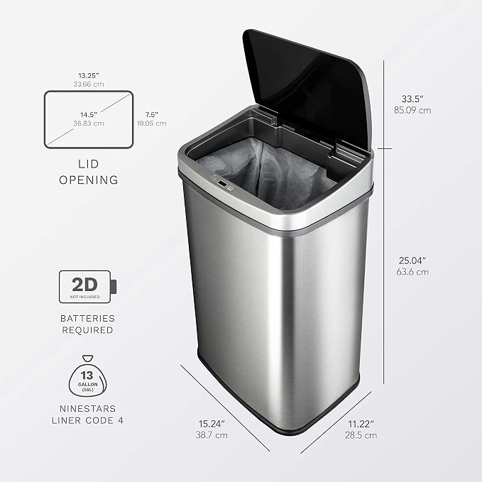 Ninestars DZT-50-28BR Automatic Touchless Motion Sensor Rectangular Trash Can, Black Top, 13 Gal. 49 L., Brush - Image 3