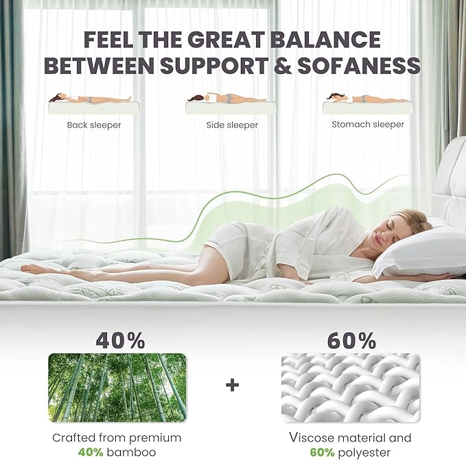 Twin Mattress Topper Viscose Derived from Bamboo, Extra Thick 1000 GSM Down Alternative Fill Mattress Pad, Ultra Soft Cooling Mattress Protector Cover with 21" Deep Pocket for Back Pain Relief
