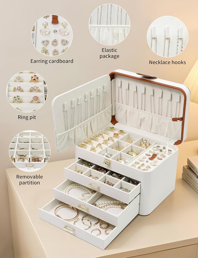 KAMIER Jewelry Boxes for Women, 4 Layer Jewelry Organizer with Mirror, 3 Drawers, Jewelry Storage Box, Christmas Gift, for Earring, Necklace, Bracelet, Ring, White - Image 3