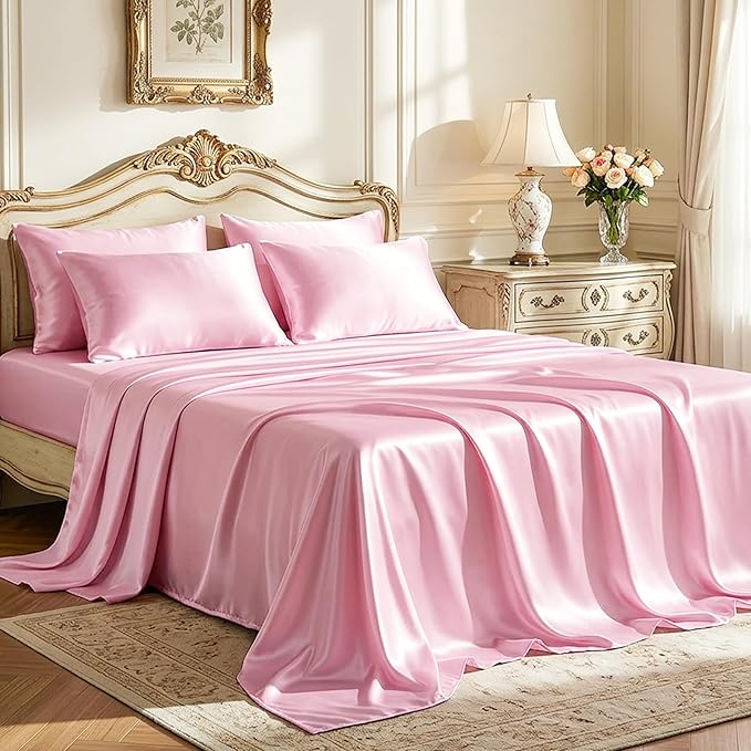 Love's cabin Satin Full Sheets Set - 6 Piece Pink Silky Bed Sheets Set with Deep Pocket, Luxury Silk Feel Satin Full Size Sheet Set (1 Flat Sheet, 1 Fitted Sheet, 4 Pillow Cases)