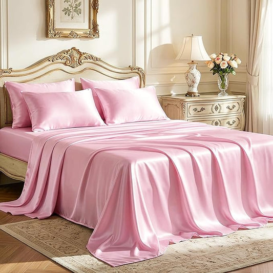 Love's cabin Satin Full Sheets Set - 6 Piece Pink Silky Bed Sheets Set with Deep Pocket, Luxury Silk Feel Satin Full Size Sheet Set (1 Flat Sheet, 1 Fitted Sheet, 4 Pillow Cases)