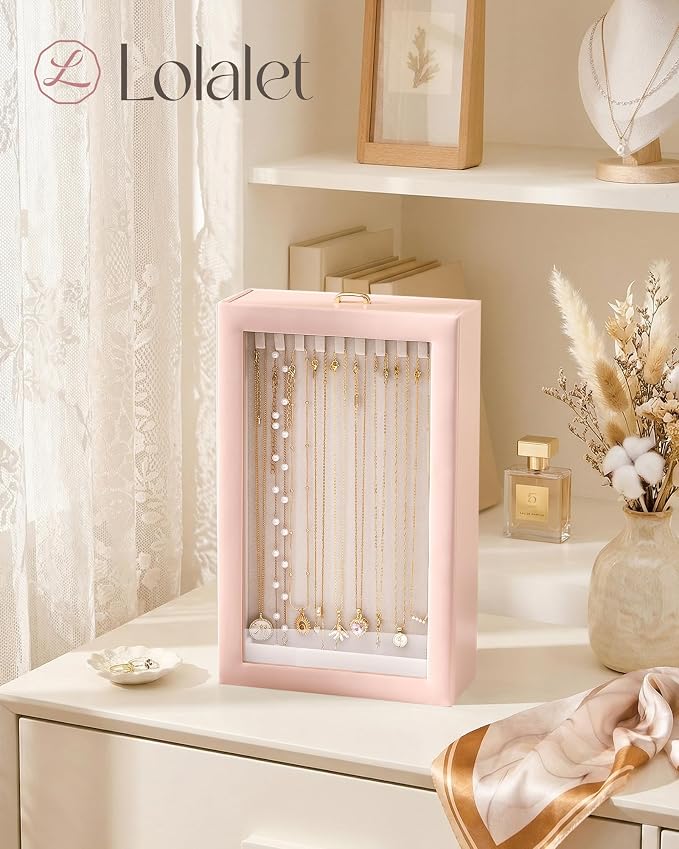 Lolalet Upgraded Double-Sided Hanging Necklace Organizer Box, Jewelry Display Case with Double-Sided Clear Window for Necklaces Bracelets, Tangle-Free Necklace Storage Box, Mothers Day Gift - Image 4