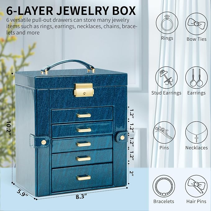 AKOZLIN 6-Tier Jewelry Box Lockable Leather Jewelry Storage Case with 5 Drawers for Women Girls Ring Necklace Earring Bracelet Holder Organizer with Mirror Blue - Image 2