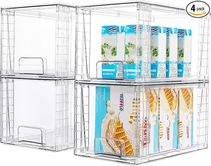 Vtopmart 4Pack Large Stackable Kitchen Pantry Storage Drawers, Clear Organizer Bins with Handles, Acrylic Drawer Organizers for Kitchen Pantry, Bathroom Undersink, Cabinet Organization and Storage by Vtopmart