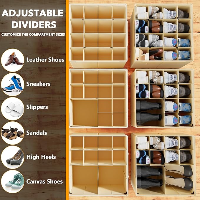 SpaceAid Shoe Organizer for Closet, 2 Pack Foldable Shoe Storage Containers Baskets Boxes Bins w/Adjustable Dividers, Fits 16-32 Pairs, Beige - Image 3