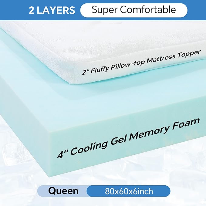HOMBYS 6IN Thickness Cooling Mattress Topper for Hot Sleepers, Gel Memory Foam Mattress Pad Pillow Top with Fitted Deep Pocket, Soft Bed Topper for Back Pain Relief (Queen)