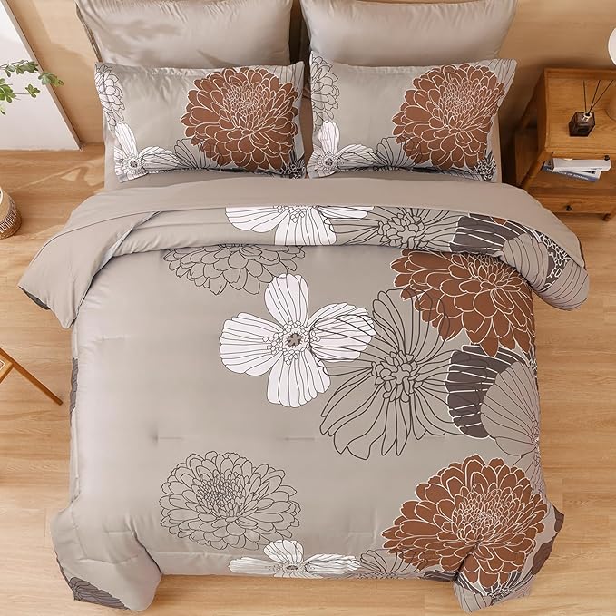 Yiran Floral Comforter Set King Size,7 Pieces Bed in a Bag Taupe Brown Comforter Soft Microfiber Bedding Sets 104"×90"