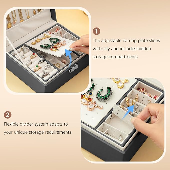 Homeanda Jewelry box 2 layer Jewelry box Leather Jewelry boxes for Women Girls Teens Jewelry organizer box Jewelry Storage box with lock(Black) - Image 6