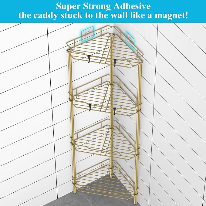 HuggieGems 4 Tier Floor Standing Corner Shower Caddy Organizer Shelf with Hooks, Bathroom Shelves Stand Rack, Gold - Image 2