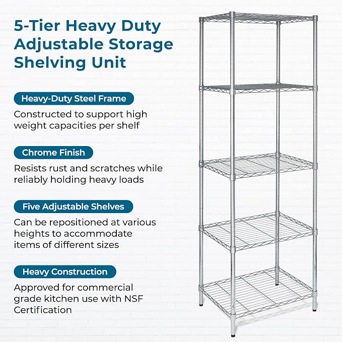 Honey-Can-Do 5-Tier Heavy Duty Adjustable Shelving Unit, 250-lb Per Shelf NSF Certified Metal Storage Rack, Chrome Wire Shelf for Kitchen Pantry Garage, 24 x 18 x 72 in - Image 5