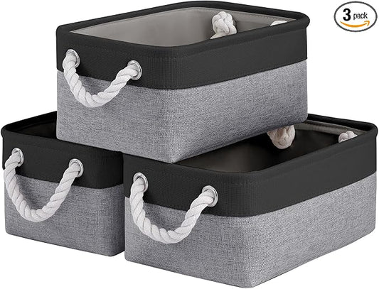 Storage Baskets for Shelves 11.8x7.9x5.2 Inch, Foldable Fabric Storage Bins with Handles, Small Storage Baskets for Organizing Closet, Office, Home Organization (3-Pack, Black&Gray) by VQRTEXAStorageBasket