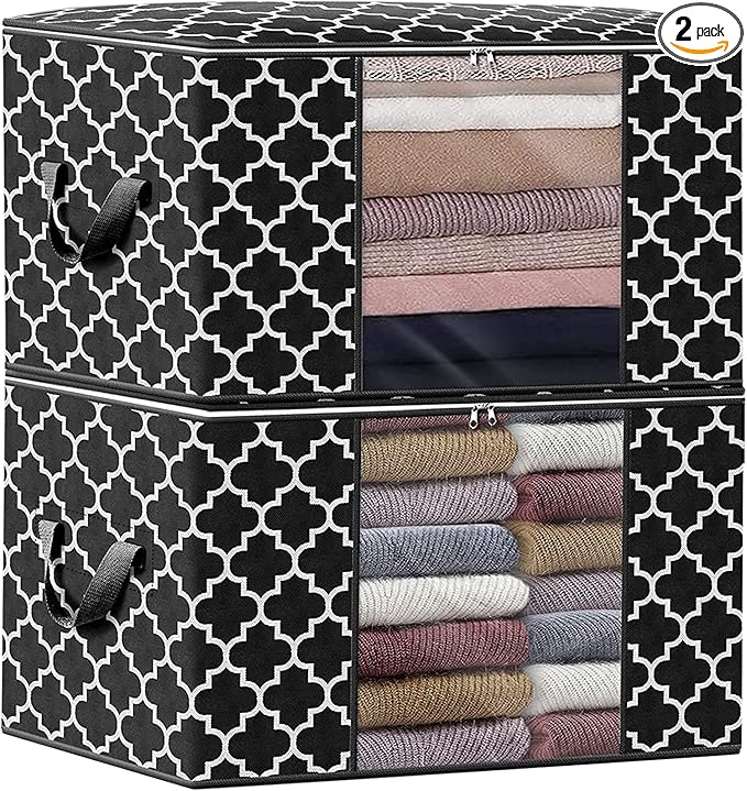 ISELIFE Storage Bags 100L 2-Pack Large Blanket Clothes Organization and Storage Containers for Bedding, Comforters, Foldable Organizer with Reinforced Handle, Clear Window, Sturdy Zippers, Black