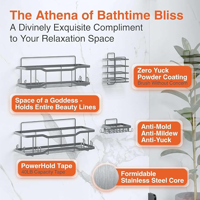 Shower Caddy Bathroom Shelves, The Athena Silken 4 Set, 40LB Capacity, Adhesive Tape - No Drill - Rustproof -Gorgeous Powder Coated 304 Stainless Steel Shower Organizer for kitchen & Home Decor - Grey - Image 7