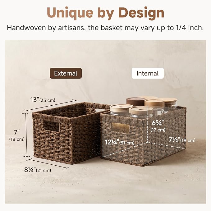 StorageWorks Round Paper Rope Storage Baskets, Rectangular Wicker Baskets with Built-in Handles, Medium, 2-Pack - Image 3
