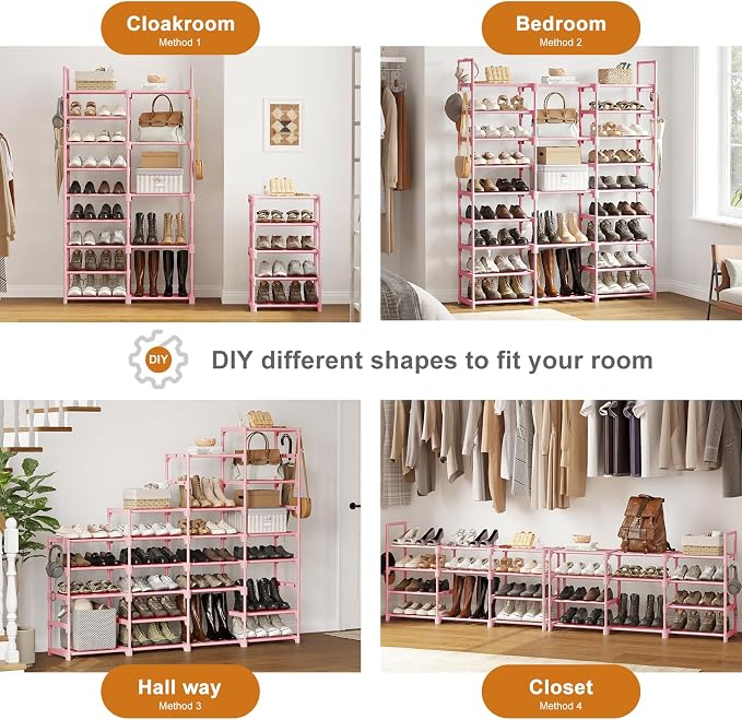 WOWLIVE 9 Tiers Shoe Rack Shoe Storage Shoe Organizer 50-55 Pairs Shoe Tower Unit Shelf Durable Metal Pipes with Plastic Connectors Stackable Cabinet Pink - Image 5