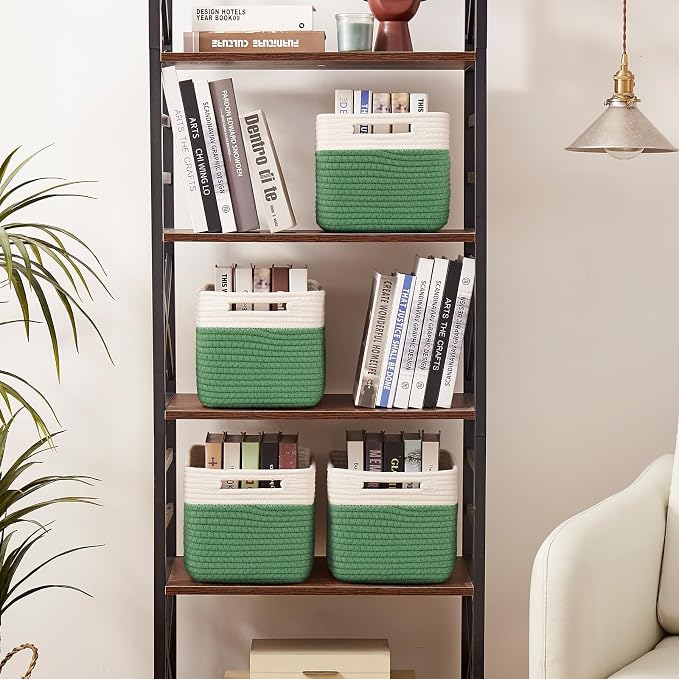 OIAHOMY 4 Pack Storage Baskets for Organizing, Basket for Shelves with Handle, Woven Baskets for Storage Toys, Towels, Books, Cotton Rope Basket 13" L x 9 " W x 7.8 " H, Olive Green & White - Image 4