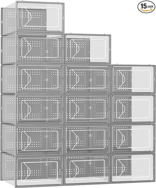 Foluck Shoe Storage Box, 15 Pack Clear Plastic Stackable Shoe Organizer for Closet, Interlocking Design Shoe Container Bins for Sneakers, Foldable Shoe Rack with Lids, Gray by Foluck