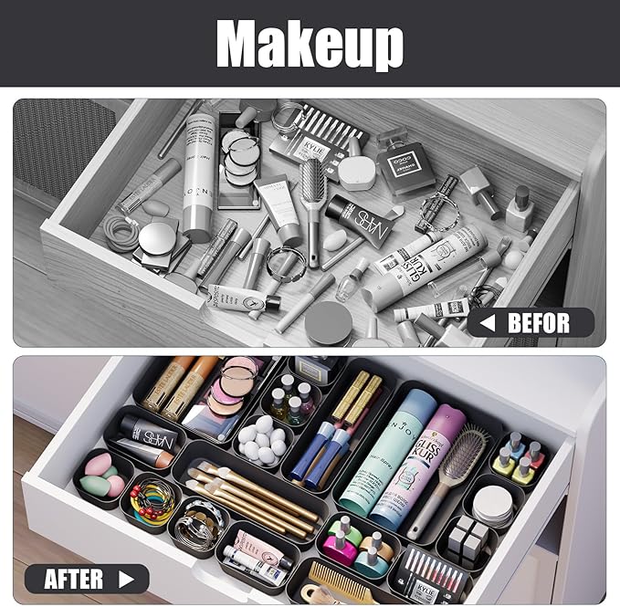 Plastic Drawer Organizers, 18 PCS Drawer Organizer Bins, Bathroom and Vanity Organizer Plastic Tray, Makeup organizer and storage for Makeup, Bedroom, Kitchen Gadgets Utensils and Office (Black) - Image 6