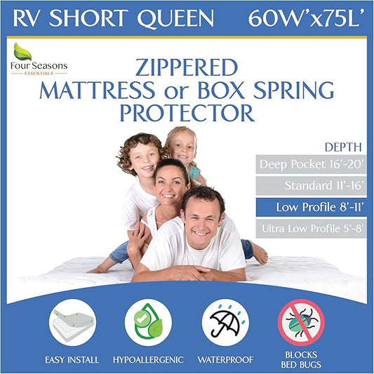 RV Short Queen Mattress Protector (8” to 11” Depth) - Waterproof Zippered Encasement 60" W x 75”L Premium Quality Hypoallergenic Bed Cover Protects Against Bedbugs Dust