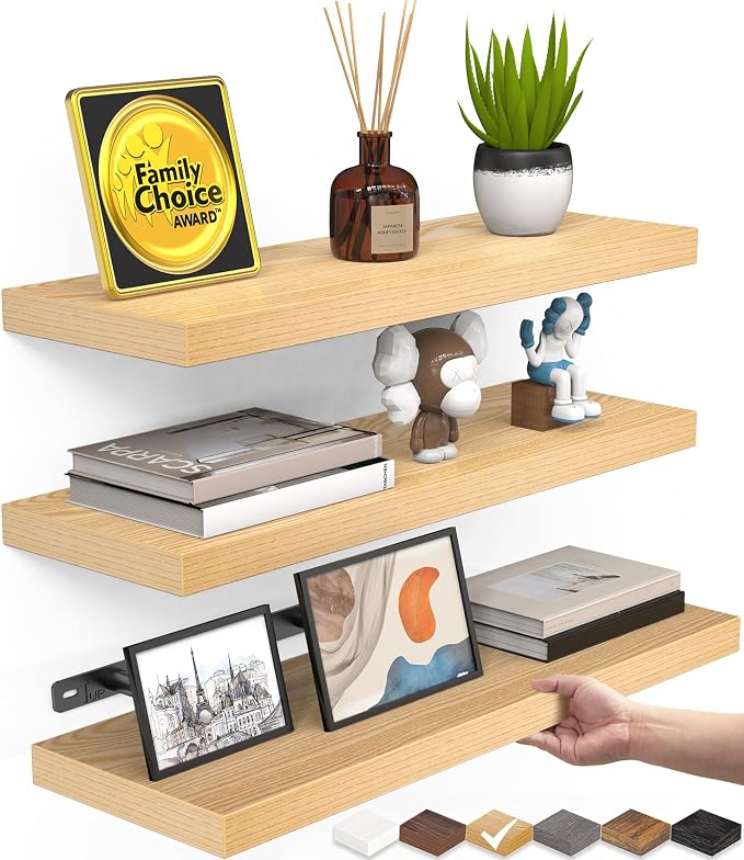 BAYKA Floating Shelves for Wall, Wall Mounted Rustic Wood Shelves for Bathroom, Bedroom, Living Room, Kitchen,Small Hanging Shelf for Books/Storage/Room Decor (Light Oak-Toned, Set of 3, 15.7in) by Bayka