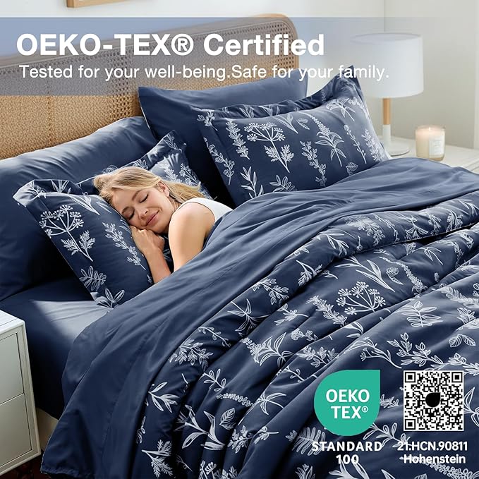 MUXHOMO Navy Blue Twin Comforter Set, Elegant Floral Print Bed in a Bag 5 Pieces, Ultra Soft & Breathable Reversible Botanical Pattern Bedding Set with Comforter, Sheets, Pillowcase, and Sham