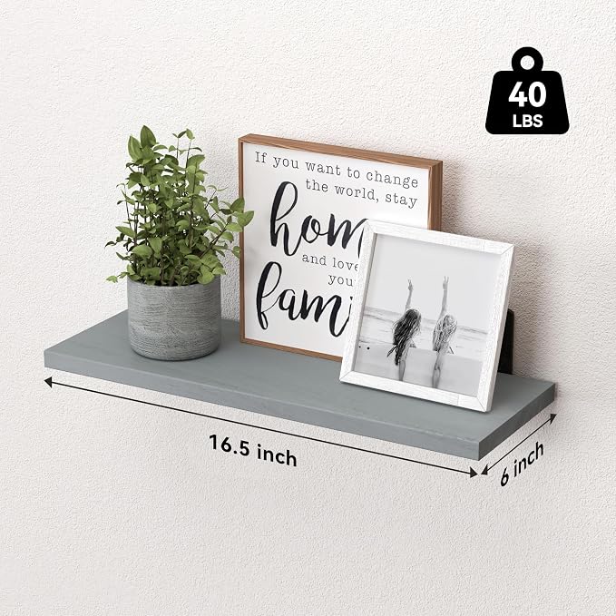 WOPITUES Wood Floating Shelves Set of 6, Shelves for Wall Decor, Farmhouse Shelf for Bedroom, Bathroom Storage Shelves, Book Shelves for Living Room-Grey - Image 3