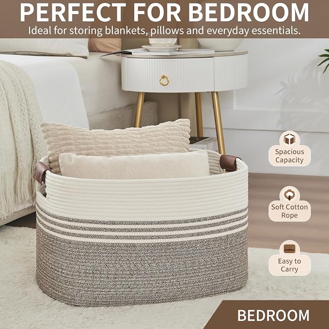 Large Woven Laundry Basket Hamper, 72L Cotton Rope Storage Bin for Blankets, Toys, Clothes, Decorative Nursery Hamper for Living Room, Baby Nursery, Bathroom, Bedroom, Kids Storage, Brown - Image 6