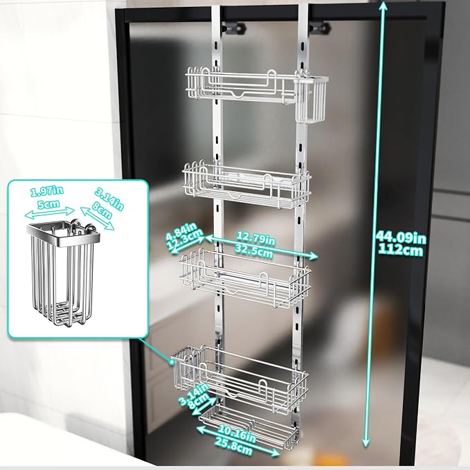 HapiRm 5 Tier Over the Door Shower Caddy, Hanging Shower Caddy with 28 Hooks and 2 Toothbrush Holders, No Drilling Adjustable Hanging Bathroom Organizer - Silver - Image 6