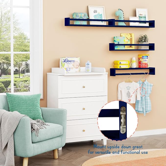 Forbena Wall Book Shelf Organizer for Kids Room Set of 4, Large Floating Book Shelves for Boy Nursery Wall Deocr, 24 Inches Wall Mount Bookshelf for Toddler Child Teen Boys Bedroom (Navy Blue) - Image 5