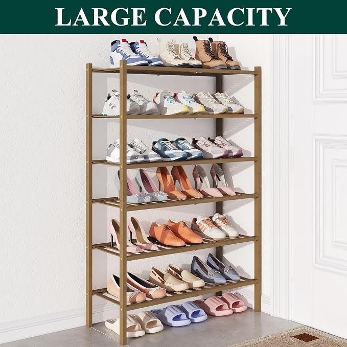 Smiry Bamboo Shoe Rack for Closet, 6 Tier Wooden Stackable Shoe Organizer, Free Standing Shoes Storage Shelf for Entryway, Front Door Entrance, Walnut - Image 5