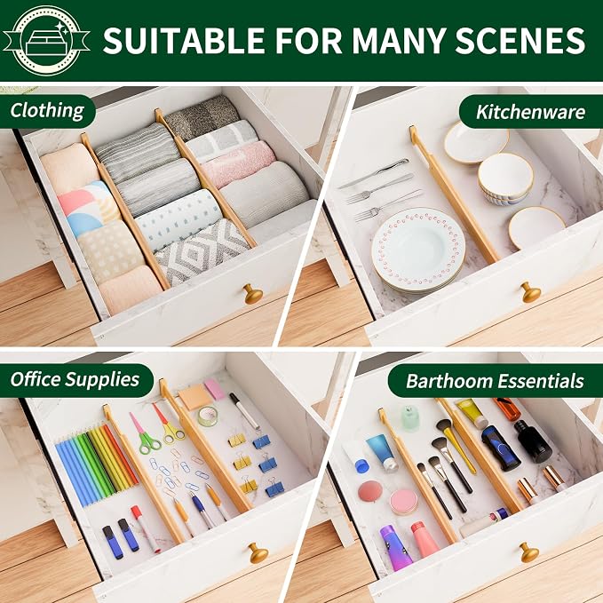 Dunruz Bamboo Drawer Dividers 2.6" High,17"-20" Adjustable Spring Loaded Clothes Drawer Organizers for Kitchen, Dresser, Bathroom, Bedroom and Office - Image 7