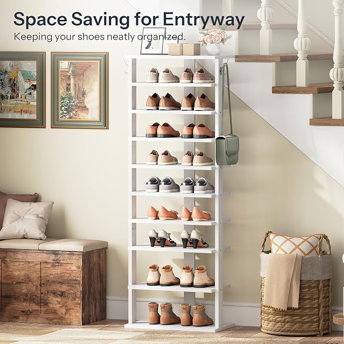 HOOBRO 10 Tiers Vertical Shoe Rack, Wooden Shoe Storage Organizer with Hooks, Narrow Shoe Tower for 20 Pairs, Space Saving, for Entryway, Living Room, Bedroom, White WT140XJ01 - Image 6