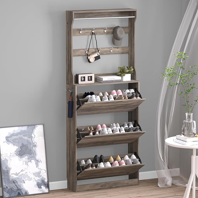 BORNOON Shoe Cabinet with 3 Flip Drawers & Coat Rack, Narrow Hidden Shoe Storage Cabinet, 2-in-1 Hall Tree Slim Freestanding Shoe Rack Organizer for Entryway, Hallway, and Living Room by BORNOON